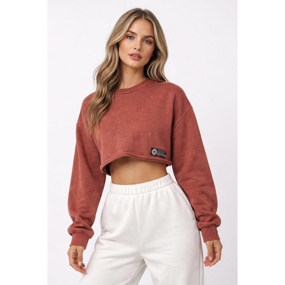 Alphalete Very Terry Cropped Crewneck Pullover Sweatshirt in Bloodstone, Medium